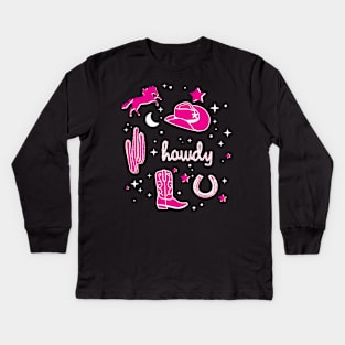 Cowboy Hat and Boot Pattern Hot Pink Cowgirl Aesthetic Kids Long Sleeve T-Shirt